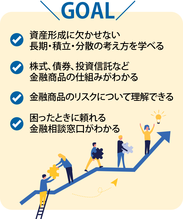 資産形成に欠かせない長期・積立・分散の考え方を学べる・株式、債券、投資信託など金融商品の仕組みがわかる・金融商品のリスクについて理解できる・困ったときに頼れる金融相談窓口がわかる