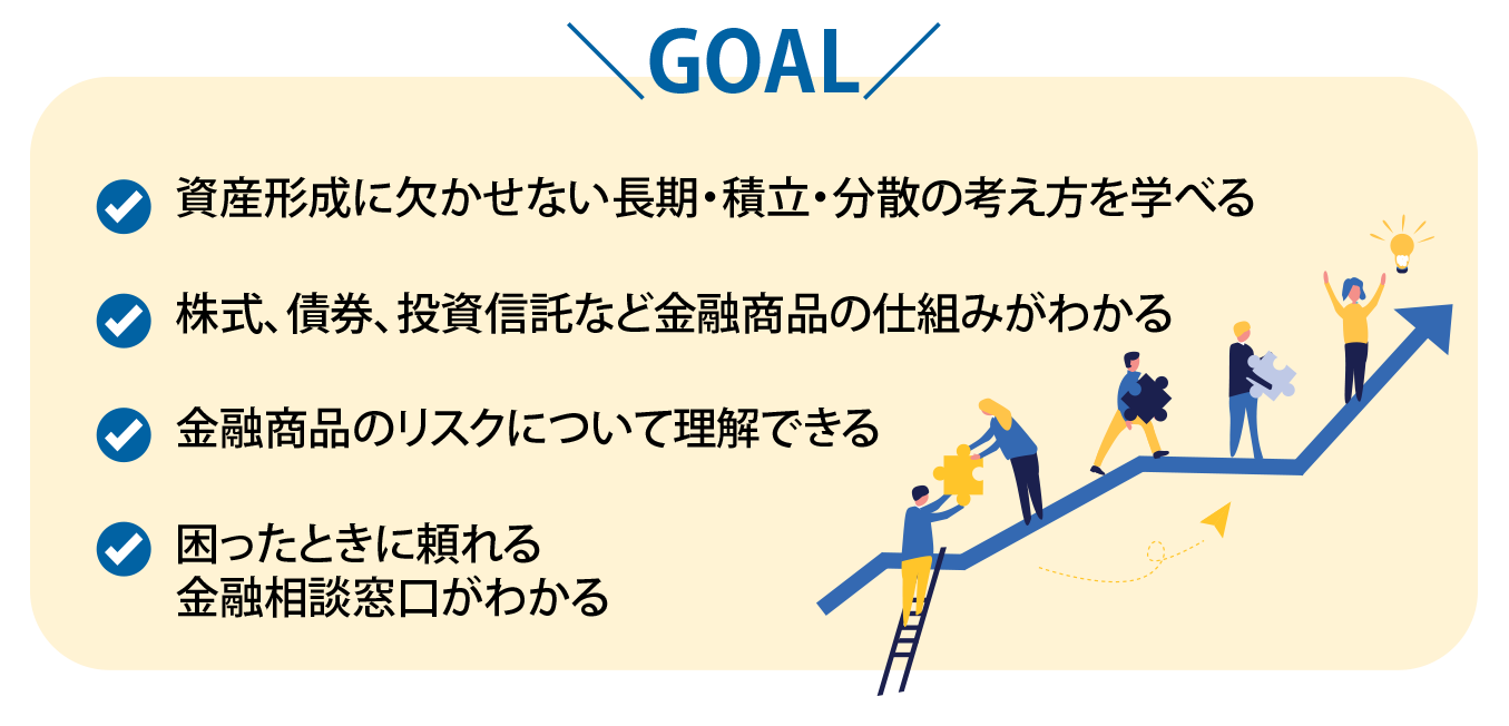 資産形成に欠かせない長期・積立・分散の考え方を学べる・株式、債券、投資信託など金融商品の仕組みがわかる・金融商品のリスクについて理解できる・困ったときに頼れる金融相談窓口がわかる