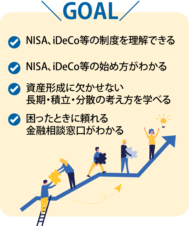 NISA、iDeCo等の制度を理解できる・NISA、iDeCo等の始め方がわかる・資産形成に欠かせない長期・積立・分散の考え方を学べる・困ったときに頼れる金融相談窓口がわかる