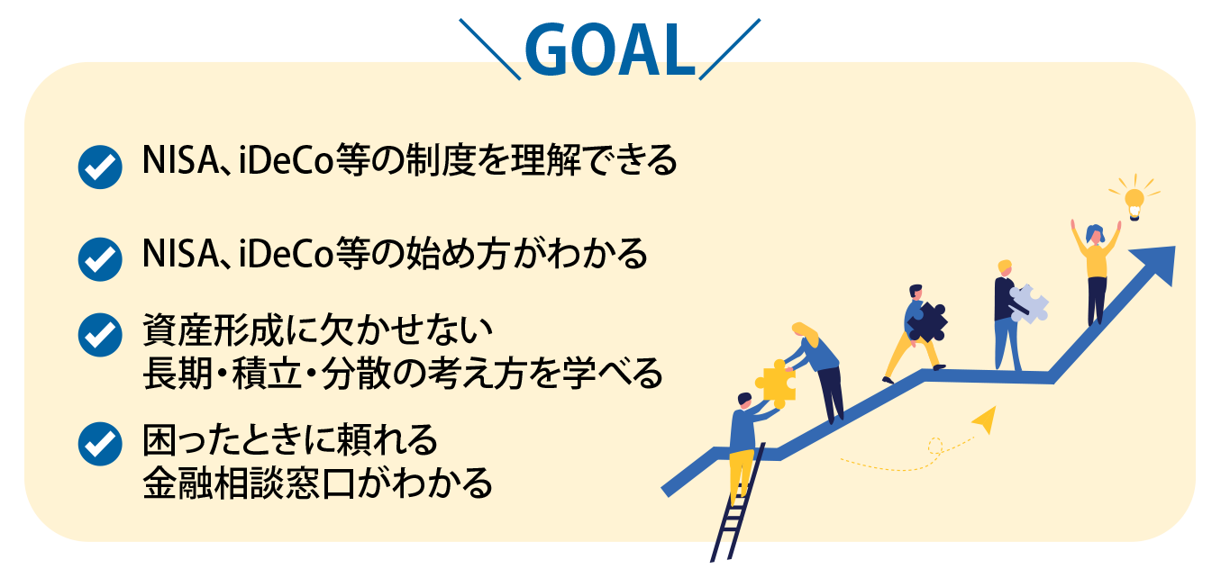 NISA、iDeCo等の制度を理解できる・NISA、iDeCo等の始め方がわかる・資産形成に欠かせない長期・積立・分散の考え方を学べる・困ったときに頼れる金融相談窓口がわかる